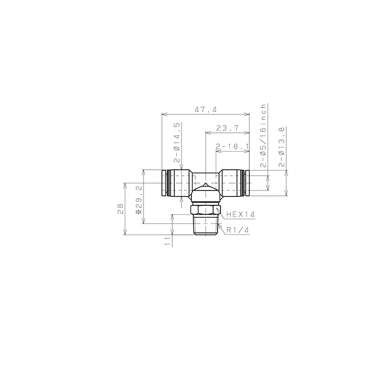 Đầu Nối Nhanh Khí Nén Dạng Chữ T Ren Ngoài Pisco PB5/16-02W_drawing