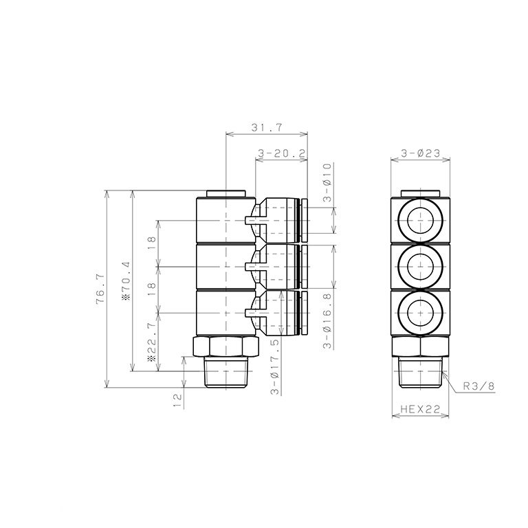 Đầu Nối Nhanh Khí Nén Ba Nhánh Cong 90° Thân Lục Giác Trụ Ren Ngoài Pisco PHT10-03W-C_drawing