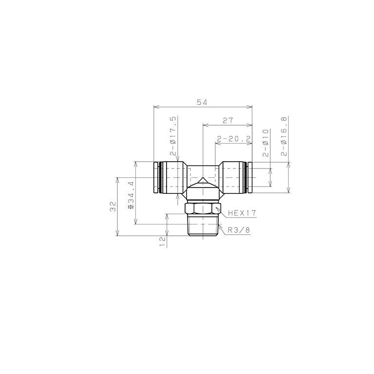 Đầu Nối Nhanh Khí Nén Dạng Chữ T Ren Ngoài Pisco PB10-03W-C_drawing