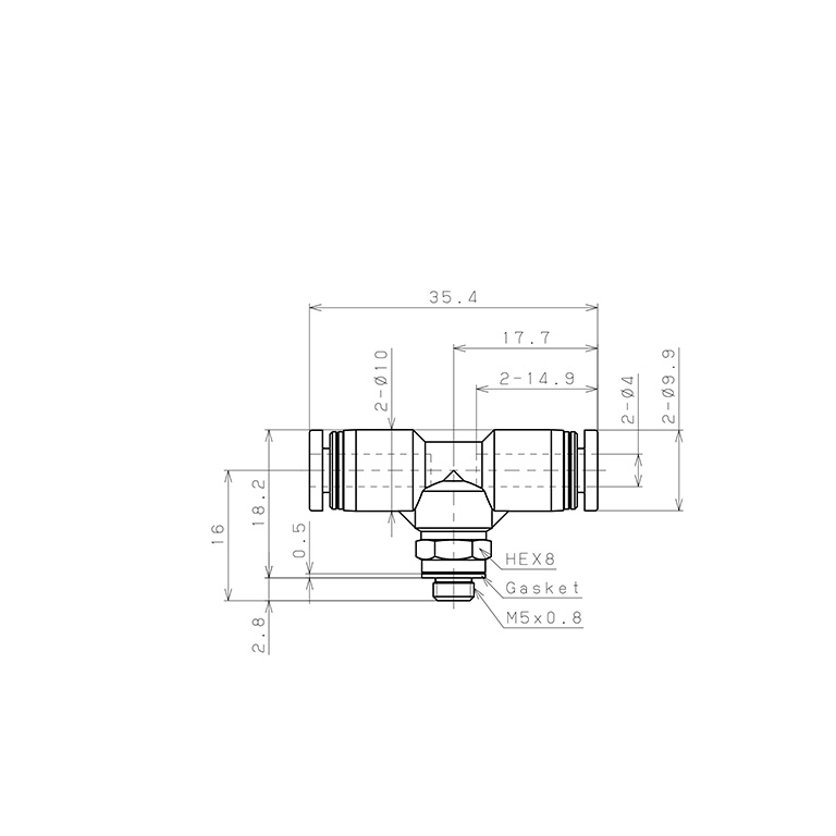 Đầu Nối Nhanh Khí Nén Dạng Chữ T Ren Ngoài Pisco PB4-M5EG_drawing