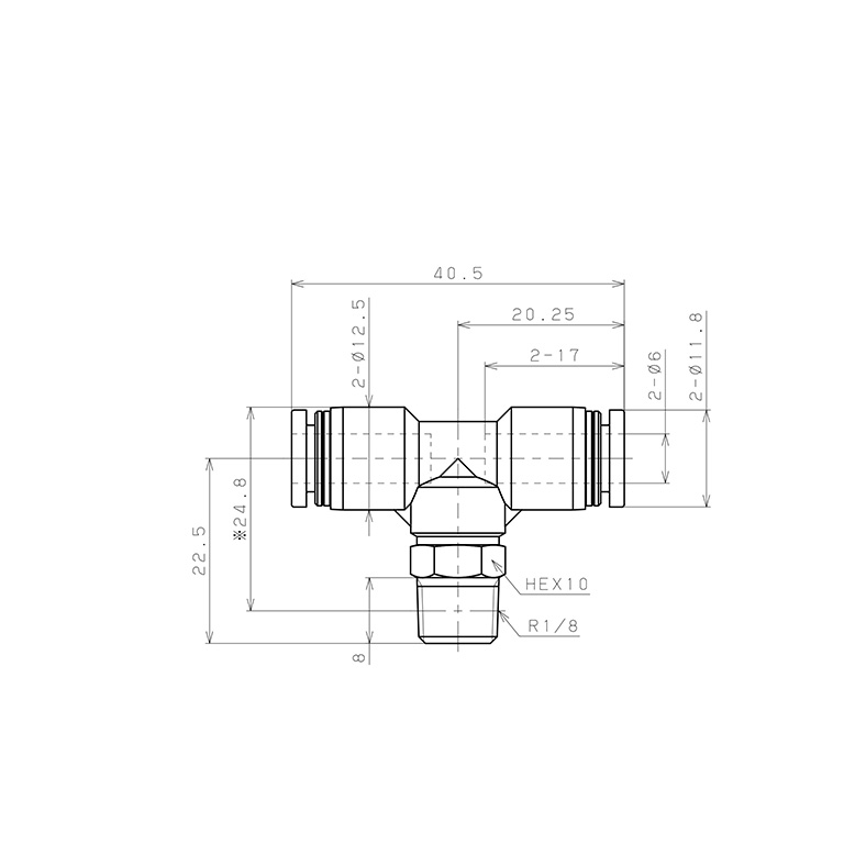 Đầu Nối Nhanh Khí Nén Dạng Chữ T Ren Ngoài Pisco PB6-01EG_drawing