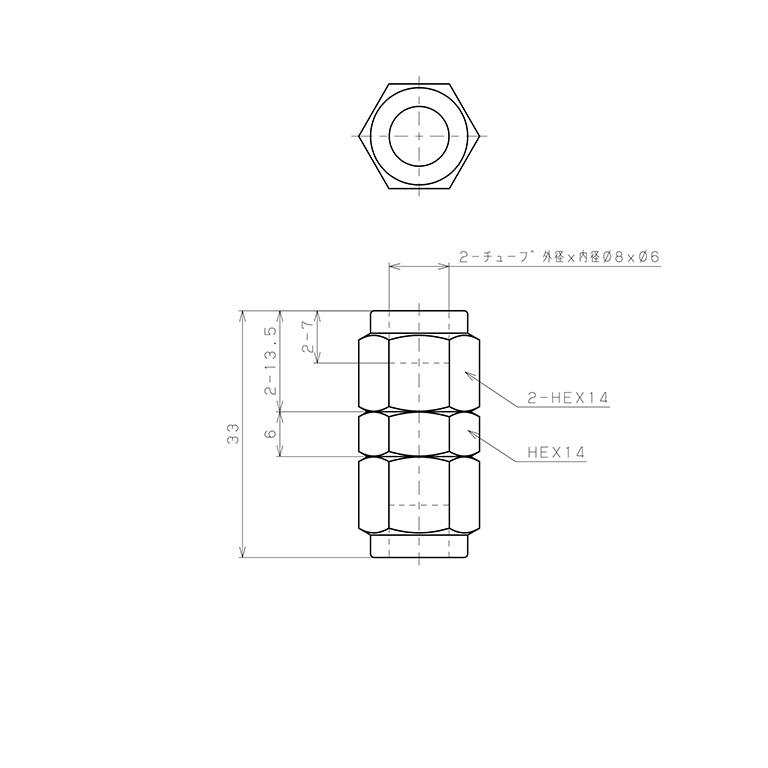 Đầu Ngạnh Nối Ống Có Đai Ốc Xiết Dạng Thẳng Thân Lục Giác Pisco NSU0860_drawing