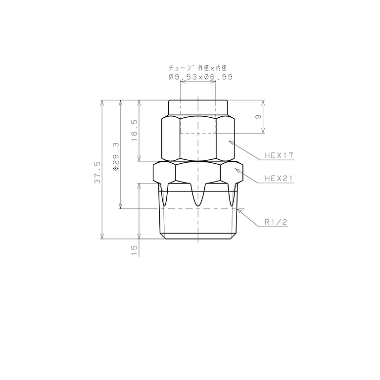 Đầu Ngạnh Nối Ống Có Đai Ốc Xiết Dạng Thẳng Thân Lục Giác Ren Ngoài Pisco NSC3/8-04_drawing