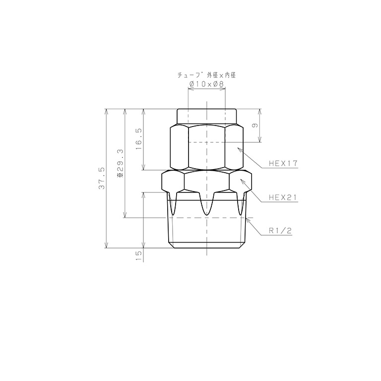 Đầu Ngạnh Nối Ống Có Đai Ốc Xiết Dạng Thẳng Thân Lục Giác Ren Ngoài Pisco NSC1080-04_drawing