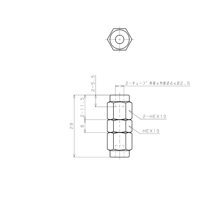 Đầu Ngạnh Nối Ống Có Đai Ốc Xiết Dạng Thẳng Thân Lục Giác Pisco NSU0425_drawing