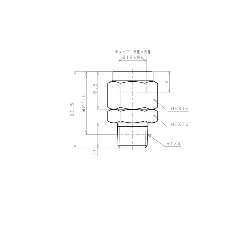 Đầu Ngạnh Nối Ống Có Đai Ốc Xiết Dạng Thẳng Thân Lục Giác Ren Ngoài Pisco NSC1280-02-TP_drawing