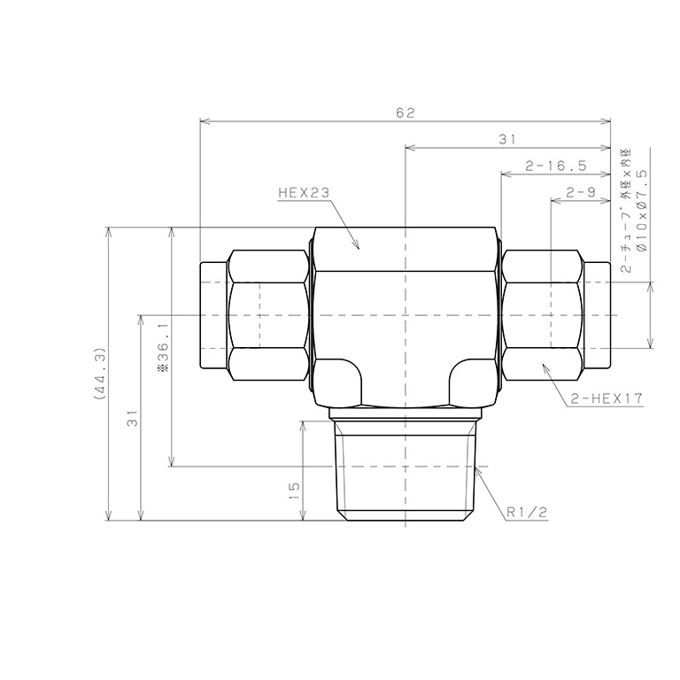 Đầu Ngạnh Nối Ống Có Đai Ốc Xiết Dạng Chữ T Ren Ngoài Pisco NSB1075-04_drawing