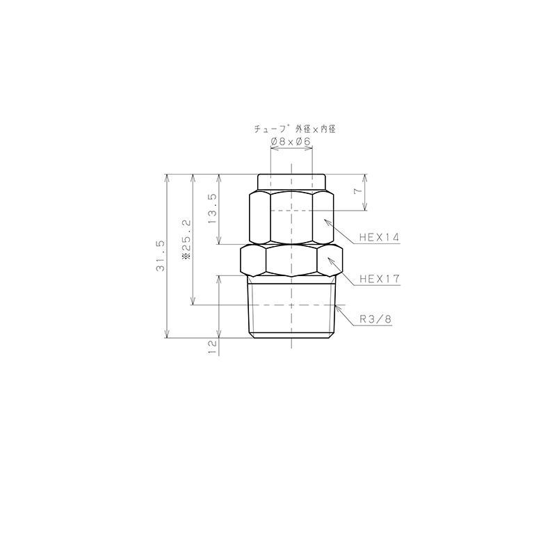 Đầu Ngạnh Nối Ống Có Đai Ốc Xiết Dạng Thẳng Thân Lục Giác Ren Ngoài Pisco NSC0860-03-TP_drawing