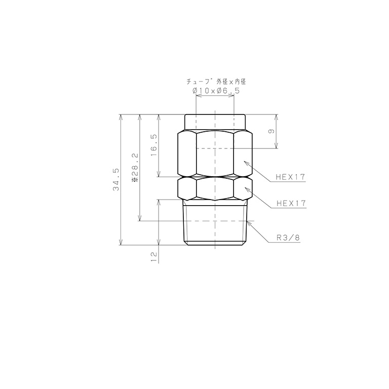 Đầu Ngạnh Nối Ống Có Đai Ốc Xiết Dạng Thẳng Thân Lục Giác Ren Ngoài Pisco NSC1065-03-TP_drawing