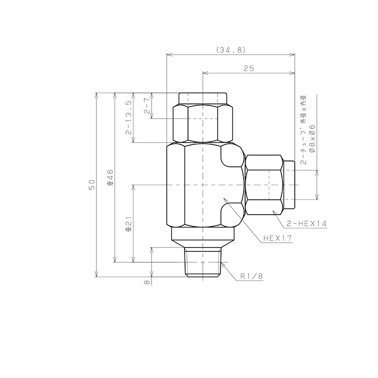 Đầu Ngạnh Nối Ống Có Đai Ốc Xiết Dạng Chữ T Ren Ngoài Pisco NSD0860-01_drawing