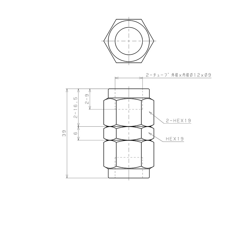 Đầu Ngạnh Nối Ống Có Đai Ốc Xiết Dạng Thẳng Thân Lục Giác Pisco NSU1290_drawing