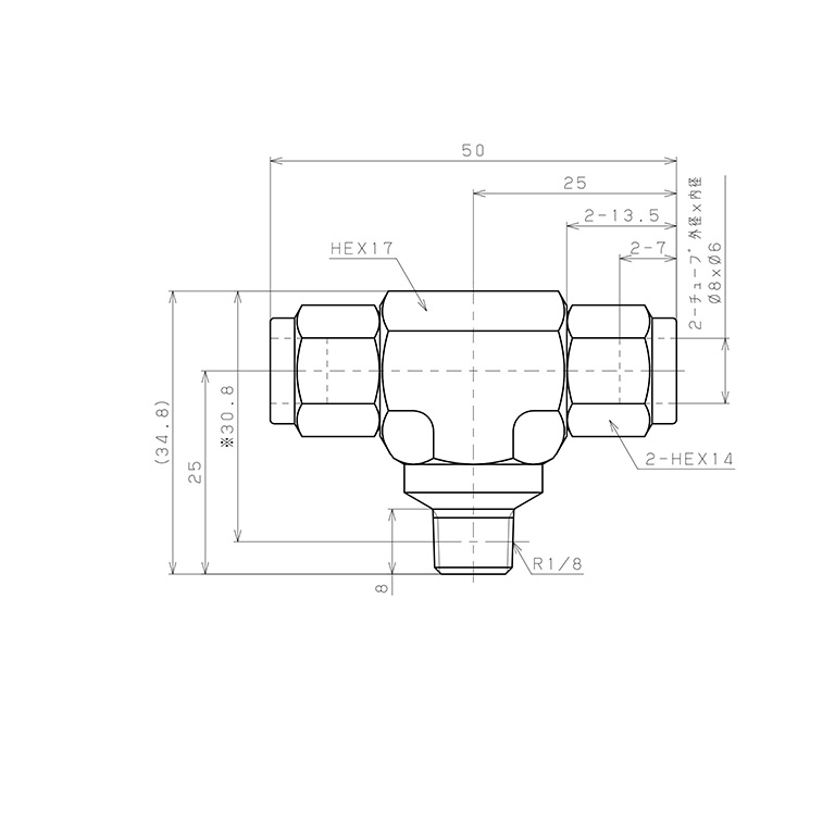 Đầu Ngạnh Nối Ống Có Đai Ốc Xiết Dạng Chữ T Ren Ngoài Pisco NSB0860-01-TP_drawing