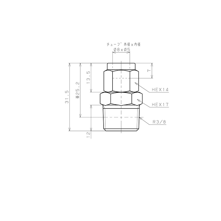 Đầu Ngạnh Nối Ống Có Đai Ốc Xiết Dạng Thẳng Thân Lục Giác Ren Ngoài Pisco NSC0850-03_drawing