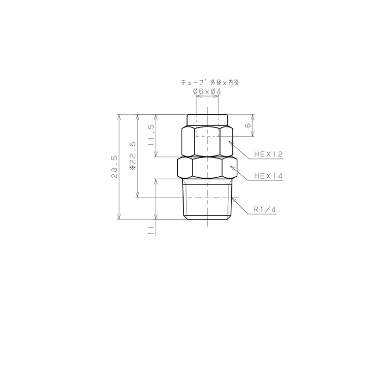 Đầu Ngạnh Nối Ống Có Đai Ốc Xiết Dạng Thẳng Thân Lục Giác Ren Ngoài Pisco NSC0640-02-TP_drawing