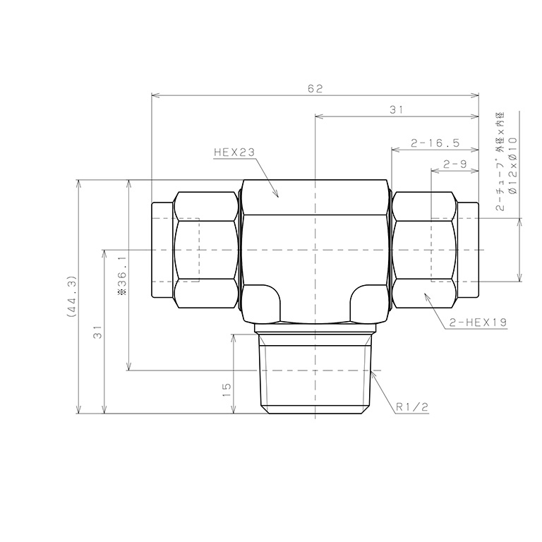 Đầu Ngạnh Nối Ống Có Đai Ốc Xiết Dạng Chữ T Ren Ngoài Pisco NSB1210-04_drawing