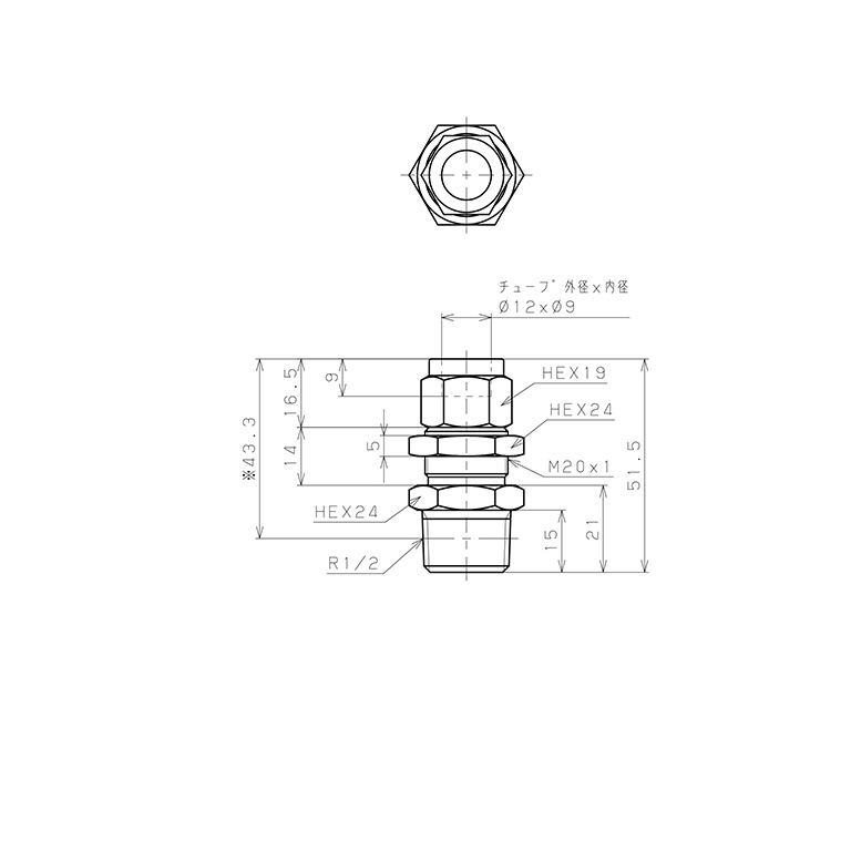 Đầu Ngạnh Nối Ống Có Đai Ốc Xiết Dạng Lắp Vách Ren Ngoài Pisco NSMC1290-04_drawing