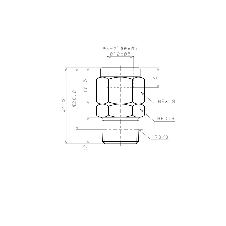 Đầu Ngạnh Nối Ống Có Đai Ốc Xiết Dạng Thẳng Thân Lục Giác Ren Ngoài Pisco NSC1280-03-TP_drawing