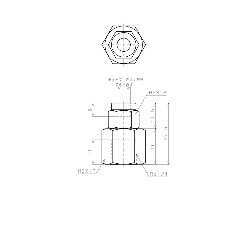 Đầu Ngạnh Nối Ống Có Đai Ốc Xiết Dạng Thẳng Thân Lục Giác Ren Trong Pisco NSCF0640-02_drawing