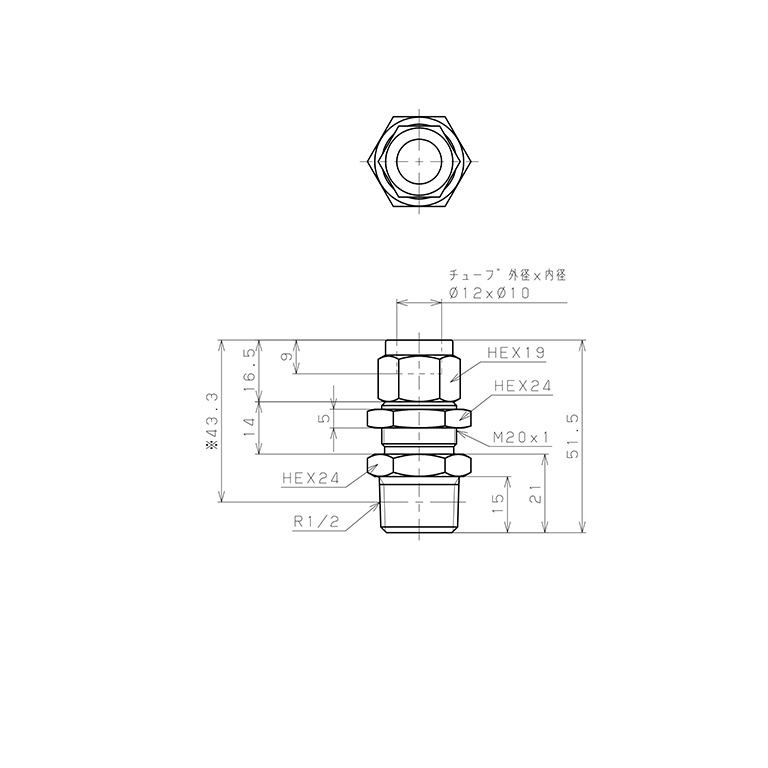 Đầu Ngạnh Nối Ống Có Đai Ốc Xiết Dạng Lắp Vách Ren Ngoài Pisco NSMC1210-04_drawing