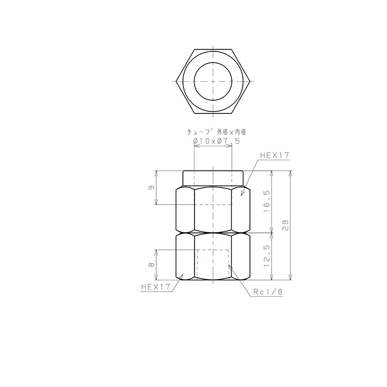 Đầu Ngạnh Nối Ống Có Đai Ốc Xiết Dạng Thẳng Thân Lục Giác Ren Trong Pisco NSCF1075-01_drawing