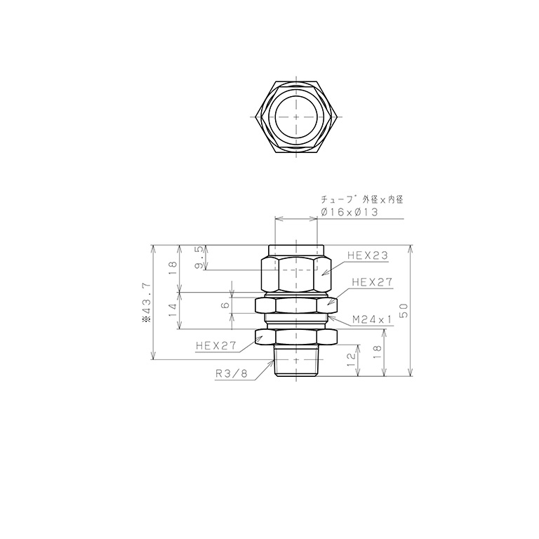 Đầu Ngạnh Nối Ống Có Đai Ốc Xiết Dạng Lắp Vách Ren Ngoài Pisco NSMC1613-03_drawing