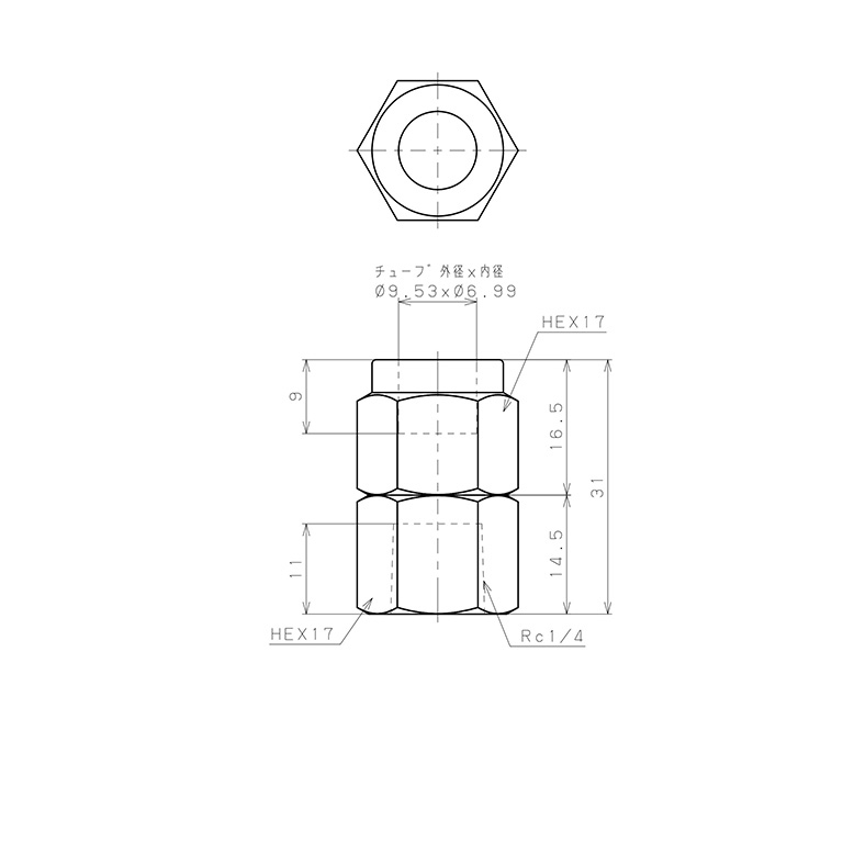 Đầu Ngạnh Nối Ống Có Đai Ốc Xiết Dạng Thẳng Thân Lục Giác Ren Trong Pisco NSCF3/8-02_drawing