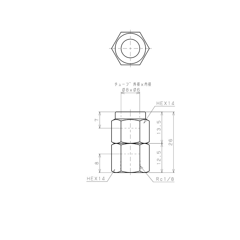 Đầu Ngạnh Nối Ống Có Đai Ốc Xiết Dạng Thẳng Thân Lục Giác Ren Trong Pisco NSCF0860-01_drawing