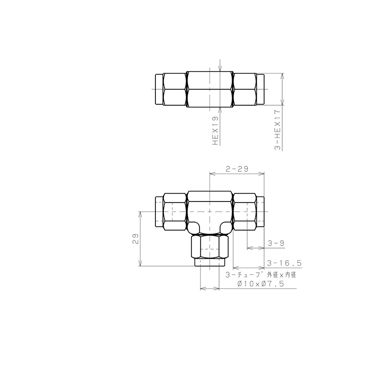 Đầu Ngạnh Nối Ống Có Đai Ốc Xiết Dạng Chữ T Pisco NSE1075_drawing