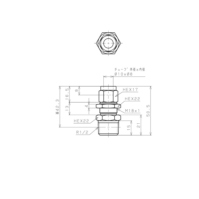 Đầu Ngạnh Nối Ống Có Đai Ốc Xiết Dạng Lắp Vách Ren Ngoài Pisco NSMC1080-04_drawing