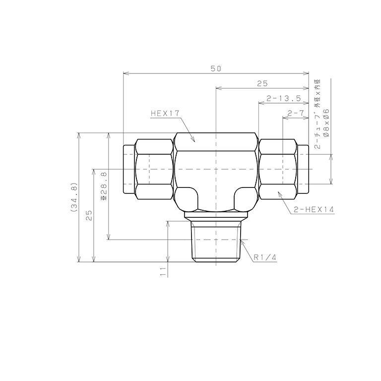 Đầu Ngạnh Nối Ống Có Đai Ốc Xiết Dạng Chữ T Ren Ngoài Pisco NSB0860-02-TP_drawing