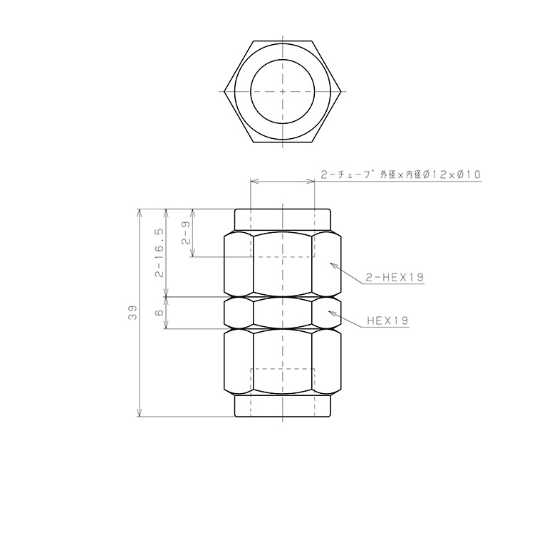 Đầu Ngạnh Nối Ống Có Đai Ốc Xiết Dạng Thẳng Thân Lục Giác Pisco NSU1210_drawing