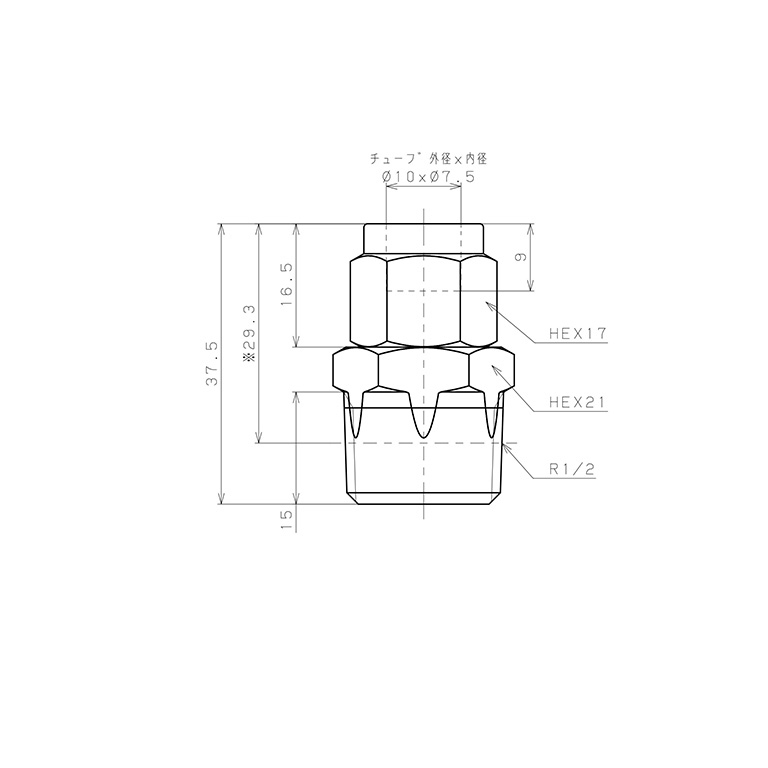 Đầu Ngạnh Nối Ống Có Đai Ốc Xiết Dạng Thẳng Thân Lục Giác Ren Ngoài Pisco NSC1075-04-TP_drawing