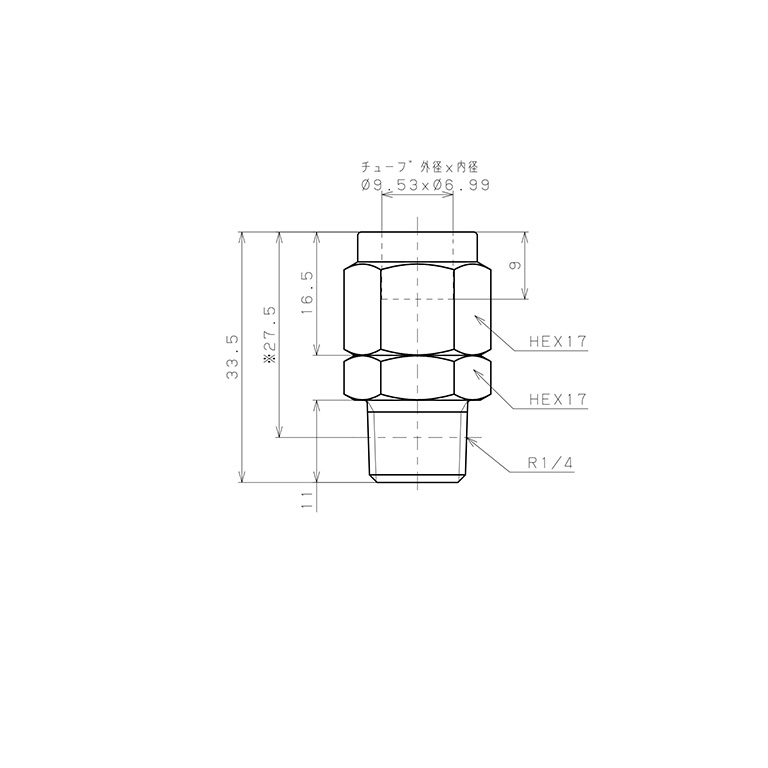 Đầu Ngạnh Nối Ống Có Đai Ốc Xiết Dạng Thẳng Thân Lục Giác Ren Ngoài Pisco NSC3/8-02_drawing