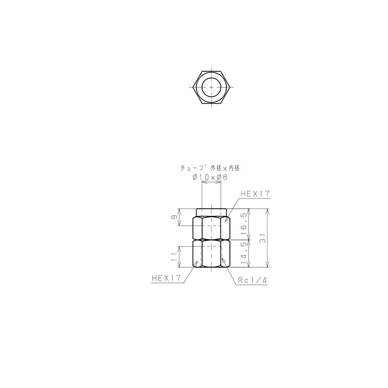 Đầu Ngạnh Nối Ống Có Đai Ốc Xiết Dạng Thẳng Thân Lục Giác Ren Trong Pisco NSCF1080-02_drawing