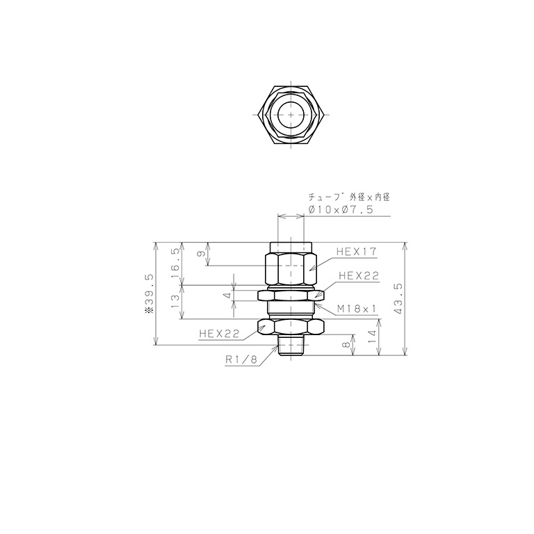 Đầu Ngạnh Nối Ống Có Đai Ốc Xiết Dạng Lắp Vách Ren Ngoài Pisco NSMC1075-01_drawing