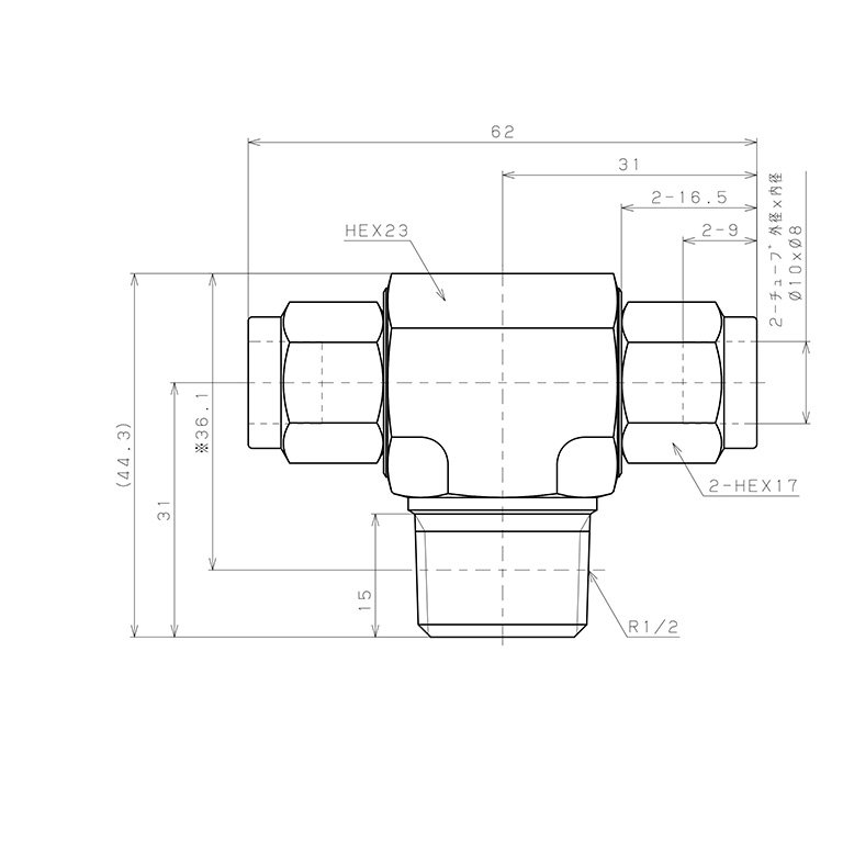 Đầu Ngạnh Nối Ống Có Đai Ốc Xiết Dạng Chữ T Ren Ngoài Pisco NSB1080-04_drawing