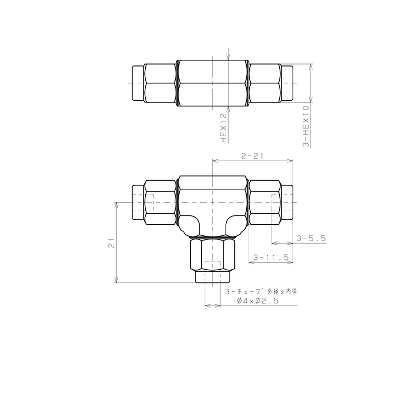 Đầu Ngạnh Nối Ống Có Đai Ốc Xiết Dạng Chữ T Pisco NSE0425_drawing