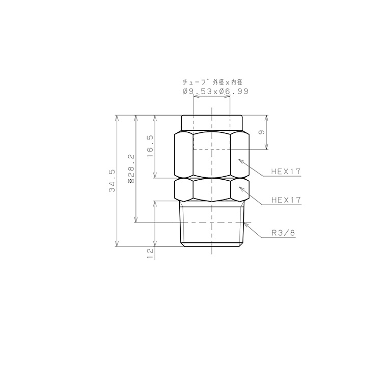 Đầu Ngạnh Nối Ống Có Đai Ốc Xiết Dạng Thẳng Thân Lục Giác Ren Ngoài Pisco NSC3/8-03_drawing