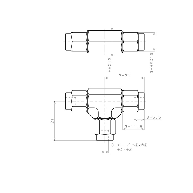 Đầu Ngạnh Nối Ống Có Đai Ốc Xiết Dạng Chữ T Pisco NSE0420_drawing