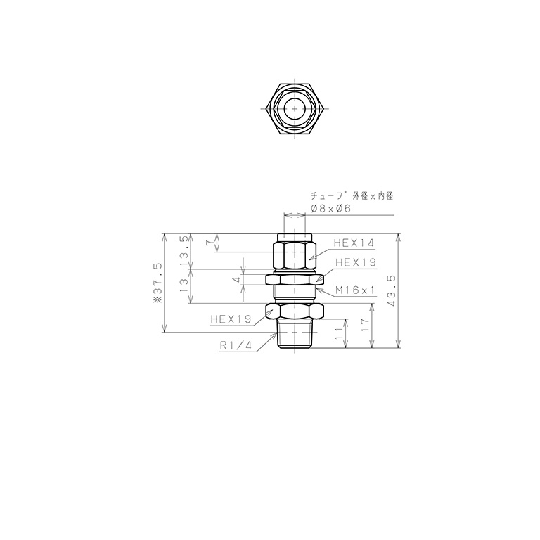 Đầu Ngạnh Nối Ống Có Đai Ốc Xiết Dạng Lắp Vách Ren Ngoài Pisco NSMC0860-02-TP_drawing