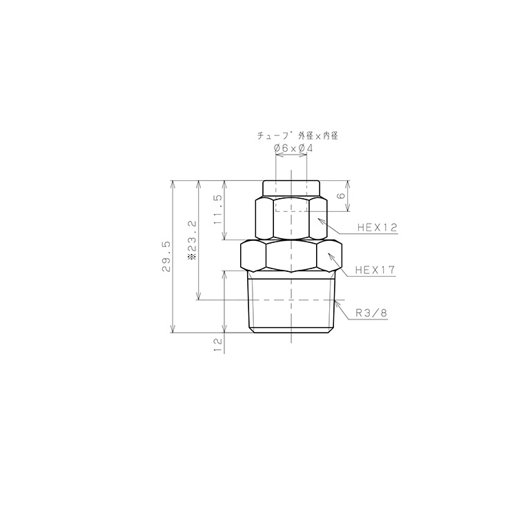 Đầu Ngạnh Nối Ống Có Đai Ốc Xiết Dạng Thẳng Thân Lục Giác Ren Ngoài Pisco NSC0640-03_drawing