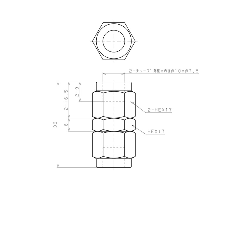 Đầu Ngạnh Nối Ống Có Đai Ốc Xiết Dạng Thẳng Thân Lục Giác Pisco NSU1075_drawing