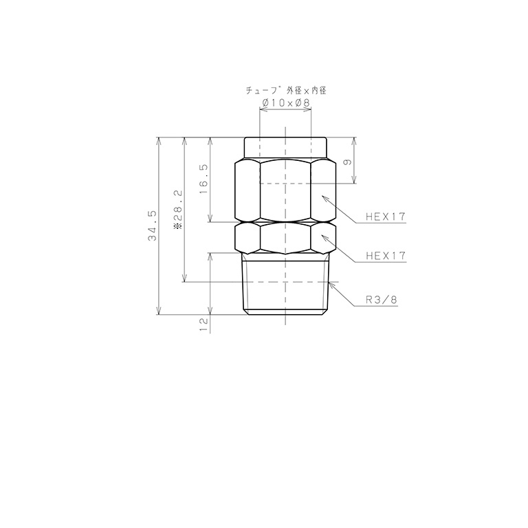 Đầu Ngạnh Nối Ống Có Đai Ốc Xiết Dạng Thẳng Thân Lục Giác Ren Ngoài Pisco NSC1080-03-TP_drawing