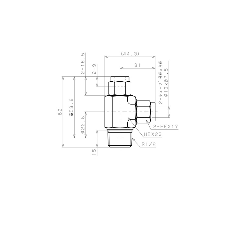 Đầu Ngạnh Nối Ống Có Đai Ốc Xiết Dạng Chữ T Ren Ngoài Pisco NSD1075-04-TP_drawing