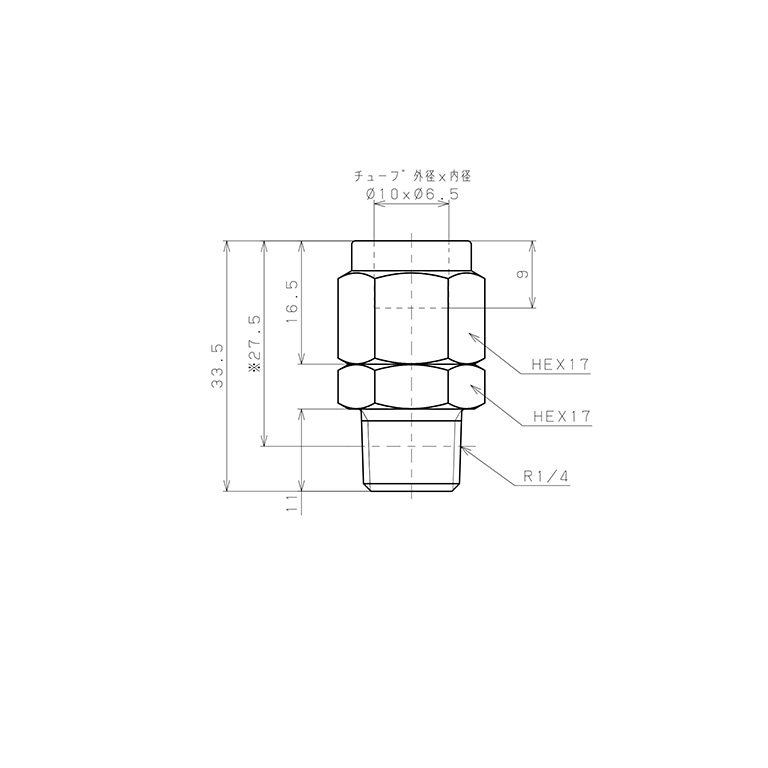 Đầu Ngạnh Nối Ống Có Đai Ốc Xiết Dạng Thẳng Thân Lục Giác Ren Ngoài Pisco NSC1065-02-TP_drawing