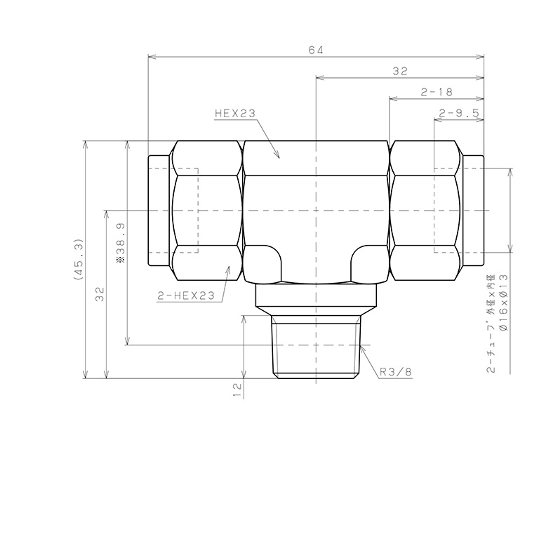 Đầu Ngạnh Nối Ống Có Đai Ốc Xiết Dạng Chữ T Ren Ngoài Pisco NSB1613-03_drawing