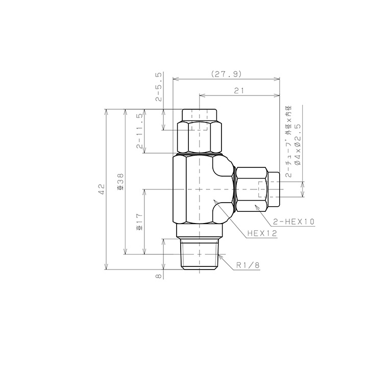 Đầu Ngạnh Nối Ống Có Đai Ốc Xiết Dạng Chữ T Ren Ngoài Pisco NSD0425-01-TP_drawing