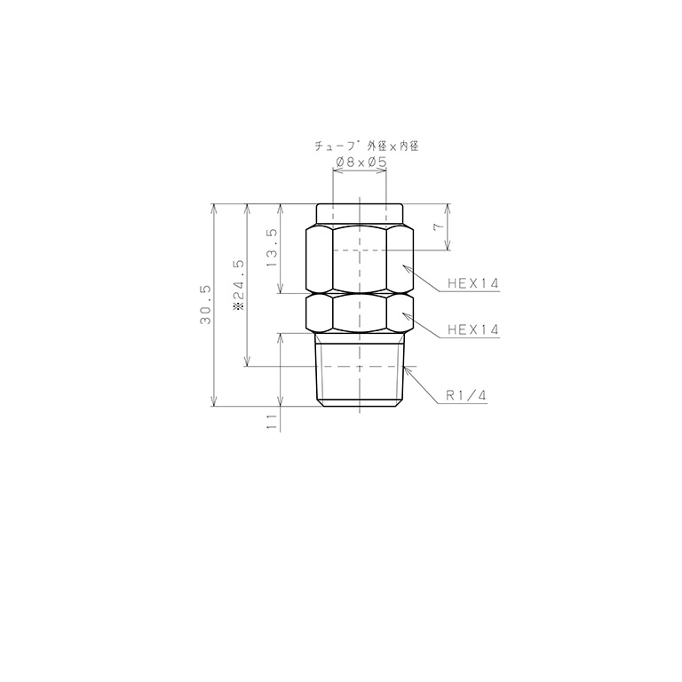 Đầu Ngạnh Nối Ống Có Đai Ốc Xiết Dạng Thẳng Thân Lục Giác Ren Ngoài Pisco NSC0850-02-TP_drawing