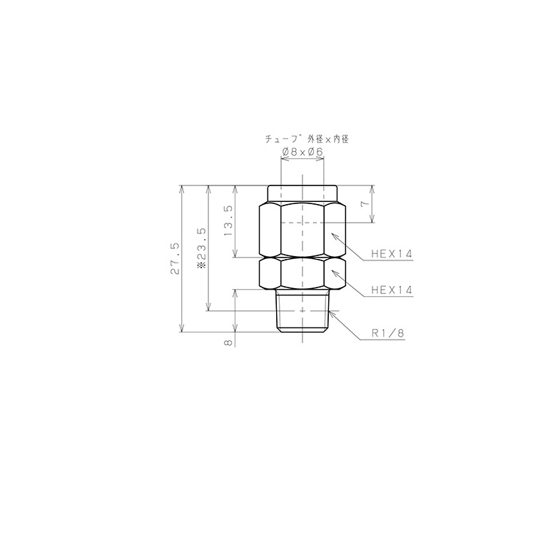 Đầu Ngạnh Nối Ống Có Đai Ốc Xiết Dạng Thẳng Thân Lục Giác Ren Ngoài Pisco NSC0860-01-TP_drawing