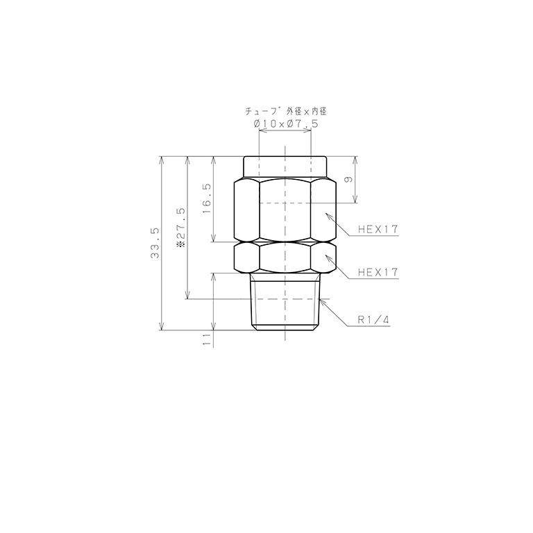 Đầu Ngạnh Nối Ống Có Đai Ốc Xiết Dạng Thẳng Thân Lục Giác Ren Ngoài Pisco NSC1075-02_drawing